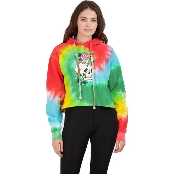 NWT ED HARDY Skull Rose Rainbow Tie Dye Cropped Hoodie Sweater Size Large - Picture 1 of 8